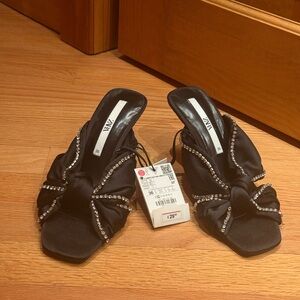 Zara Black Satin Mules with Rhinestone Detail